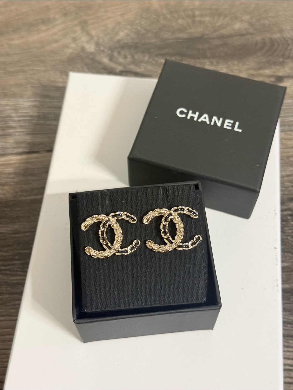 CHANEL Gold and Black Enamel Large CC Statement Earrings